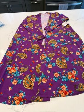 LuLaRoe Sarah Purple Paisley Floral Open Duster with Teal & Orange Accents